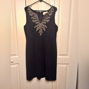 Papagallo Amaya Sheath Dress Textured Knit Navy Gold V Neck Resort Women's Sz 14